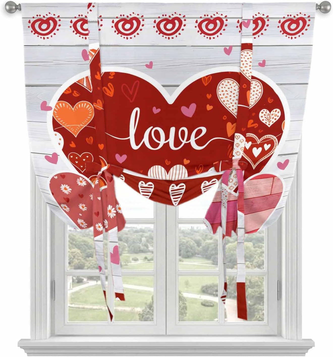 Gray Wood Valentines Day Tie Up Curtains for Window, Love Hearts Romantic Farmhouse Thermal Insulated Balloon Shade Adjustable Rod Pocket Curtains Valance Panels for Kitchen Bathroom Café 52'' x 45''