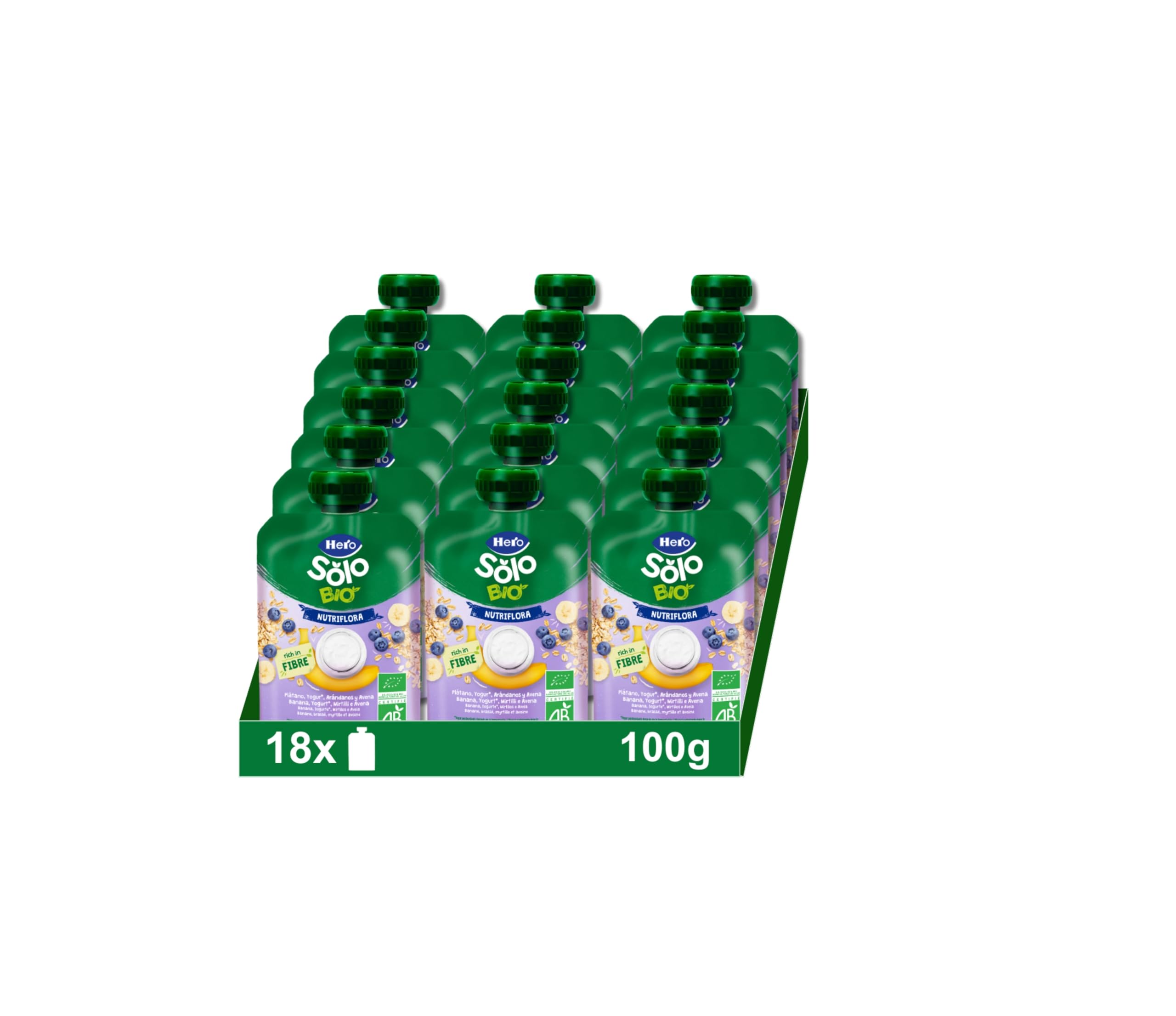 Hero Solo Bolsitas Ecológicas de Plátano Arándanos Yogur Avena Fibra Sin Conservantes Aditivos Aceite Palma Azúcares Añadidos 6 Meses Pack 18 x 100 g