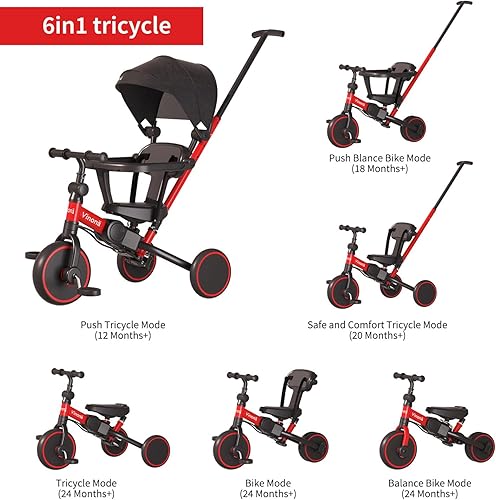 Miniatura 2 de Triciclo para niños pequeños 1-3, bicicleta de equilibrio 6 en 1 para niños y niñas, triciclo plegable con mango de empuje, toldo extraíble,