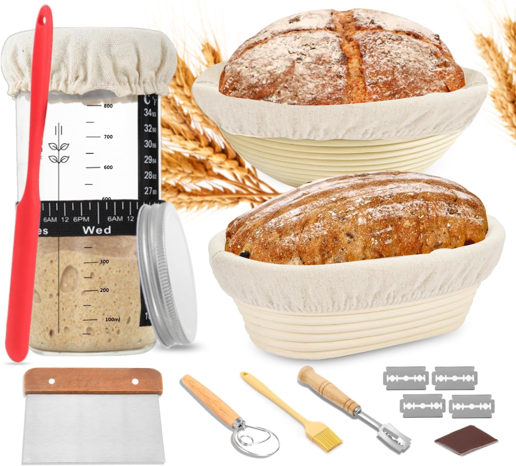 Banneton Bread Proofing Basket Set Sourdough Starter Kit with 10"Oval and 10" Round Proofing Bowl.Bread Making Tools with Bread Whisk,Sourdough Scoring Tool and 1000ML Starter Jar Glass. (Rattan)