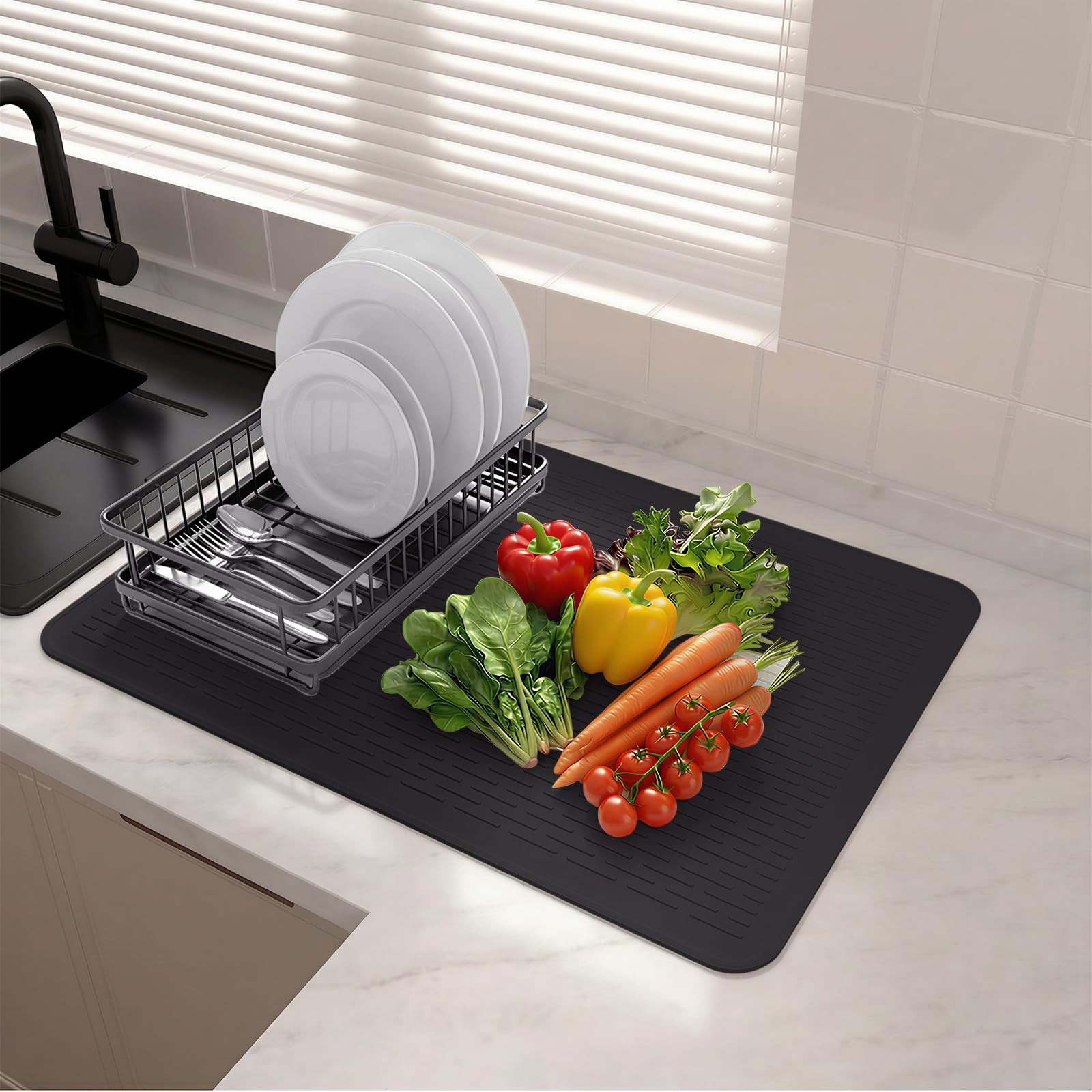 BLESWIN Extra Large Silicone Dish Drying Mat, 50 x 70 cm Non-Slip & Reusable, Heat Resistant and Absorbent for Counter, Sink, Refrigerator or Drawer Storage, Easy Clean Kitchen Drain Mat (Black)