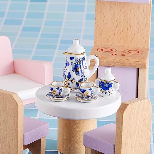 Miniatura 5 de Juego de tazas de té de porcelana en miniatura de 15 piezas, juego de porcelana en miniatura con patrón de flores, tetera, tazas, platos, accesorios