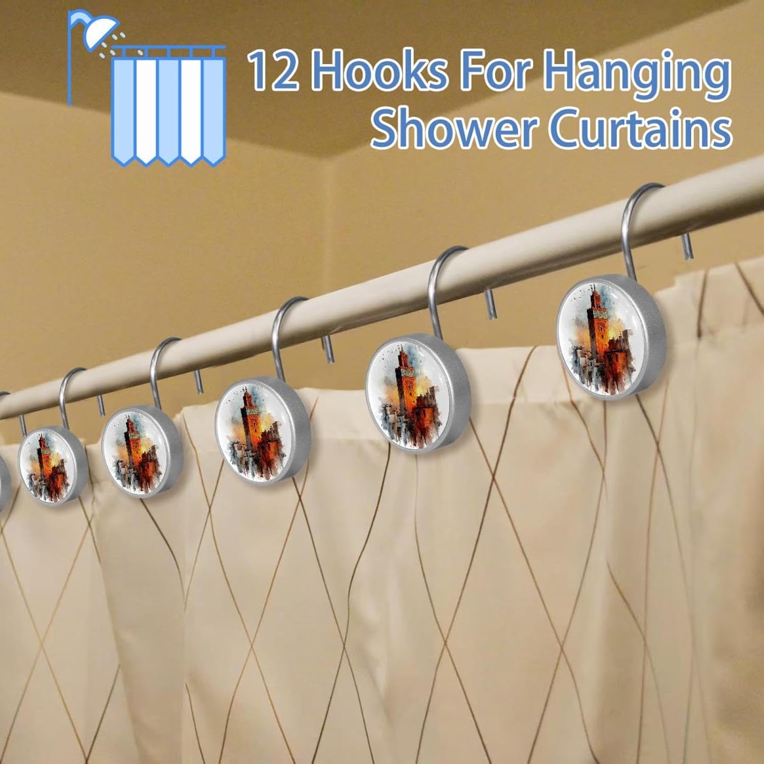 12PCS Watercolor Moroccan Shower Curtain Hooks Rings for Bathroom, Decorative Shower Curtain Hooks Rods Curtains and Liner
