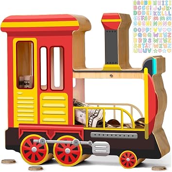 Wooden Locomotive Piggy Bank for Kids, Train Kids Money Box for Boys, Unbreakable Toddler Saving Coin Jar for Boys Girls, Educational Toys, Train Coin Bank with Stickers for Birthday Gifts