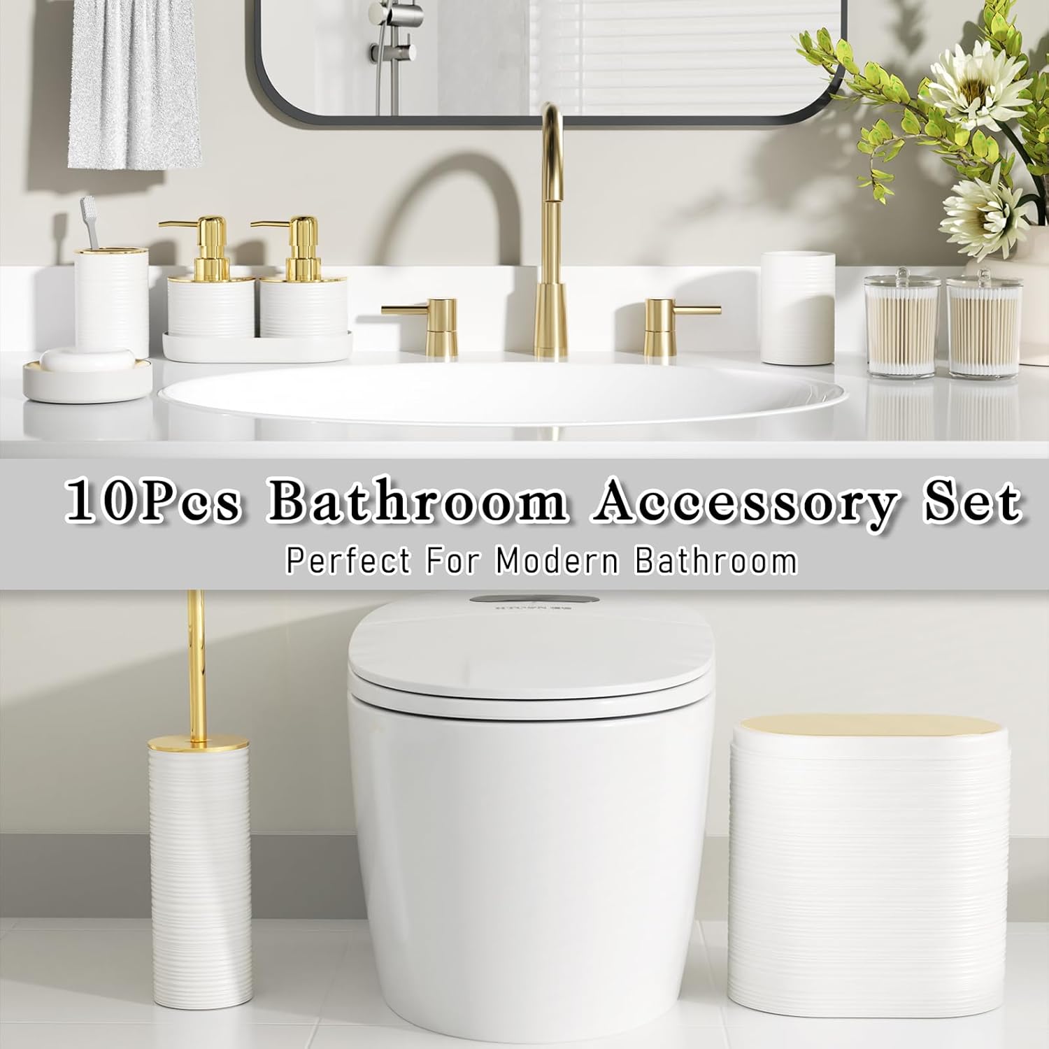 Bathroom Set, 10PC Bathroom Accessory Set, White Bathroom Accessories, White and Gold Bathroom Set with Trash Can, Soap Dispensers