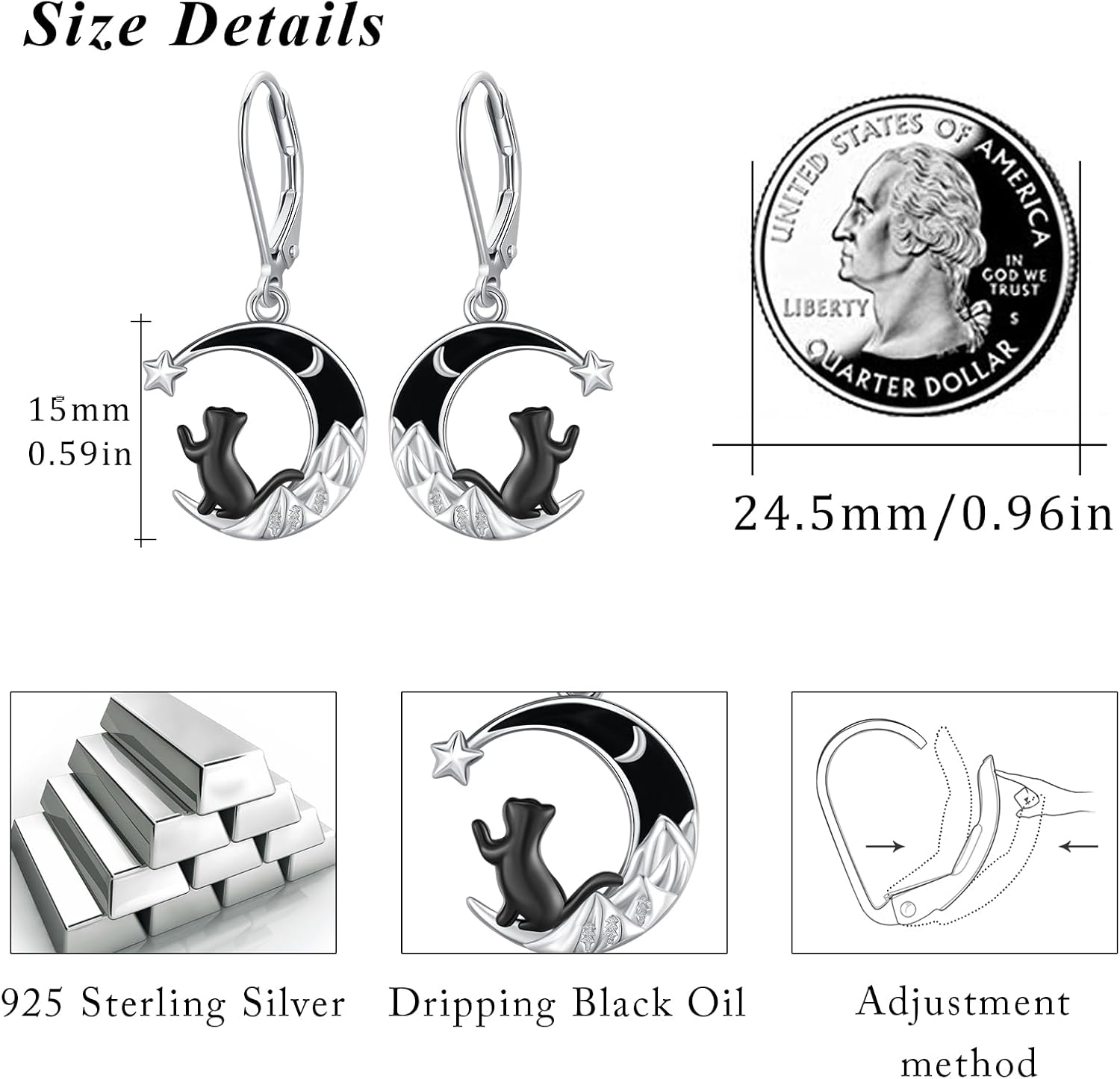 CUOKA MIRACLE Black Cat Earrings S925 Sterling Silver Moon Black Cat Earrings for Women Dangle Leverback Earring Moon Cats Earring Jewelry Gifts for Women Cats Lover - Image 4