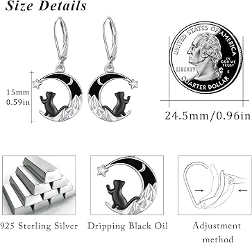 Orecchini Pendenti Gatto Nero In Argento 925 Con Montagna E Luna - Gioielli Originali Per Amanti Dei Gatti, Regalo Per Donne, In Confezione Regalo