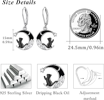 Orecchini Pendenti Gatto Nero In Argento 925 Con Montagna E Luna - Gioielli Originali Per Amanti Dei Gatti, Regalo Per Donne, In Confezione Regalo