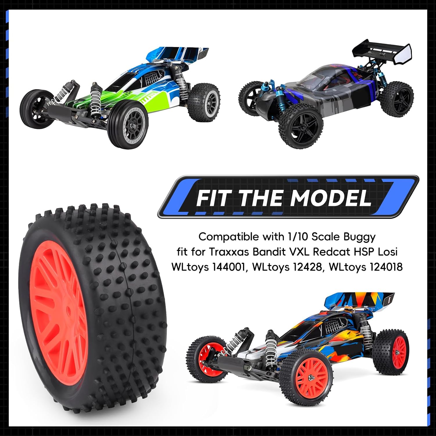 Preglued 12mm Hex Wheel Rims Rubber Tires with Foam Inserts OD 86mm/3.38" for Traxxas Bandit WLtoys 144001 Redcat 1/10 RC Off-Road Buggy Car, Set of 4 (Color C)