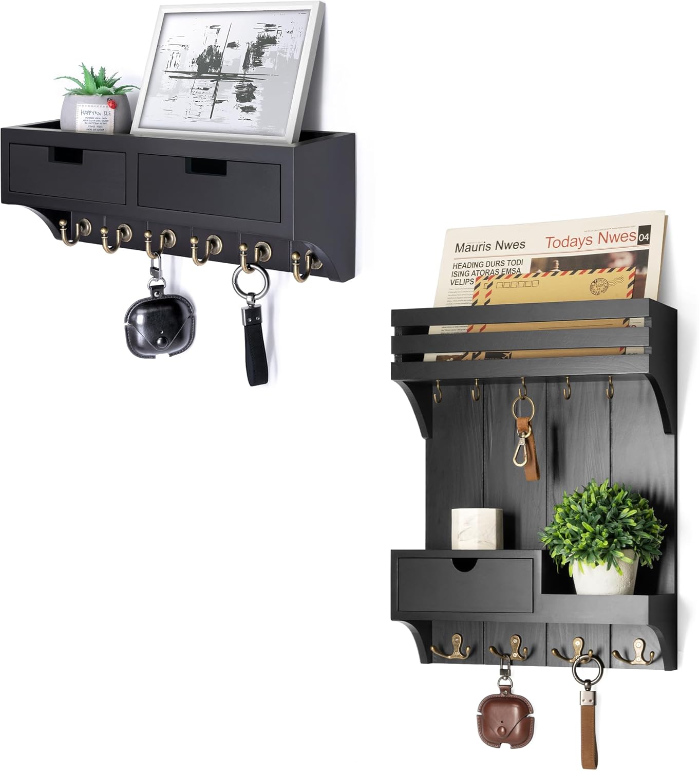 Rebee Vision Modern Key Holder Wall Mount Combo - Stylish 9-Hook Mail Holder for Wall & 2 Drawer Organizer with Floating Shelf - Must-Have Living Room Decor for Home Storage (Black)