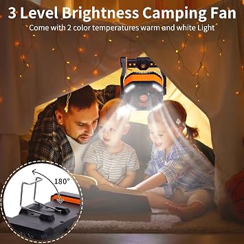 WESTTREE 20000mAh Battery powered fan Camping Fan essentials Portable fan Battery OperatedRechargeable Outdoor Tent with Light & Hook Personal USB Desk for Camping,Orange