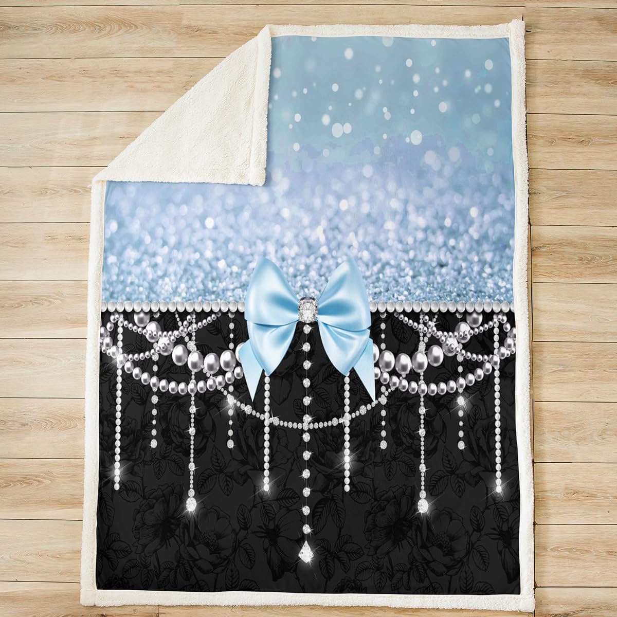 Blue Bowknot Fleece Blanket,Gray Boho Floral Blue Black Bed Blanket for Kids Teens,Glitter Diamond Pearl Starry Sequins Princess Flannel Blanket for Room Decor,Queen 90"x90"