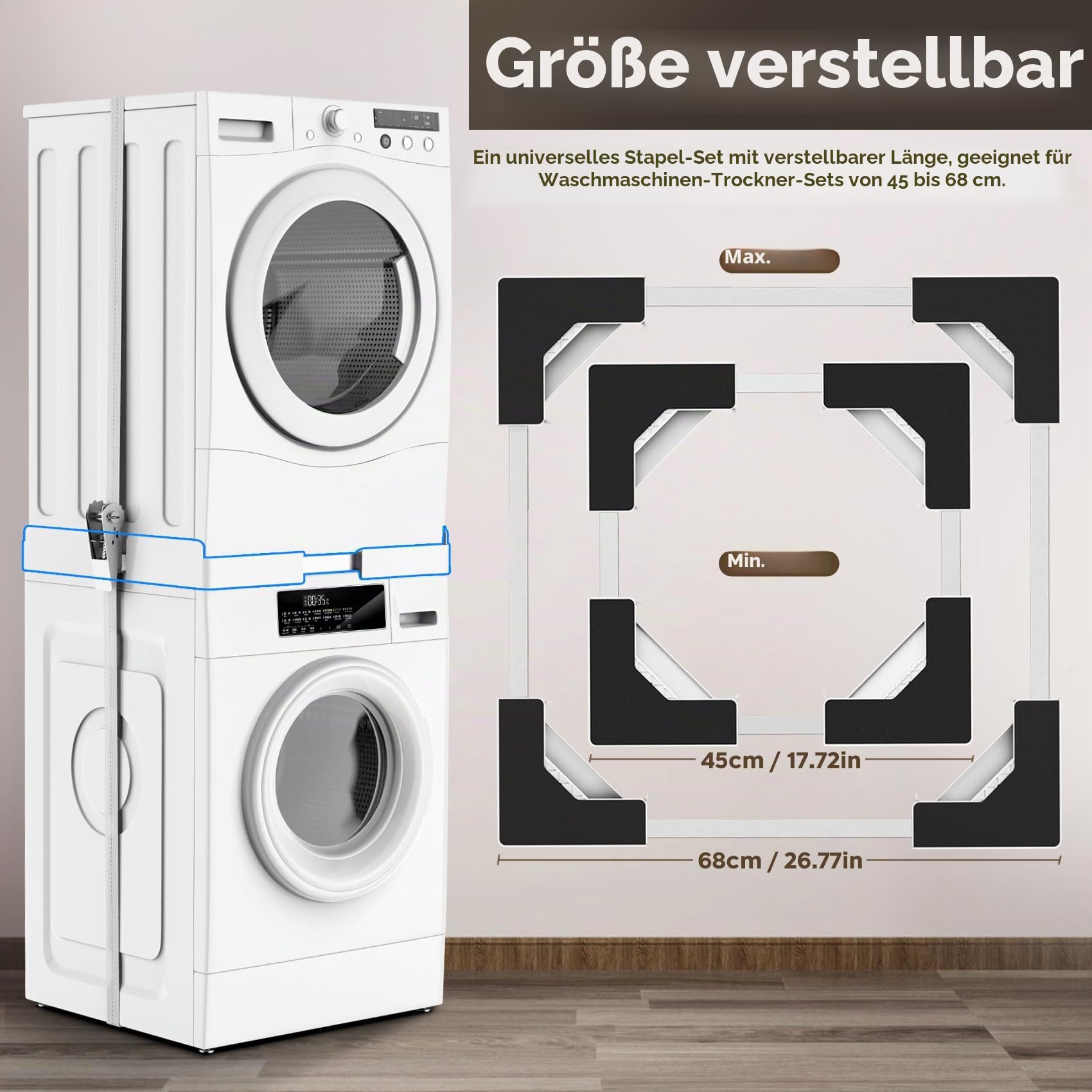 Universal-Stapelbausatz für Waschmaschine und Wäschetrockner, mit Ratschenseil, die Größe des Stapelrahmens ist einstellbar, geeignet für Waschmaschinen und Wäschetrockner von 45-68 cm (weiß)
