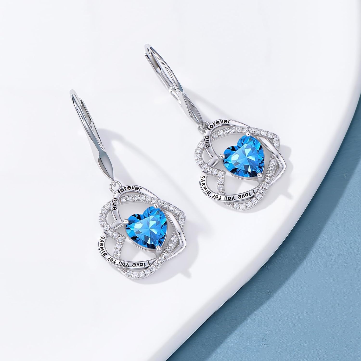 TOUPOP Heart Birthstone Earrings 925 Sterling Silver Double Heart Leverback Earrings Love You for Always and Forever Jewelry Anniversary Birthday Christmas Gifts for Women Wife Her