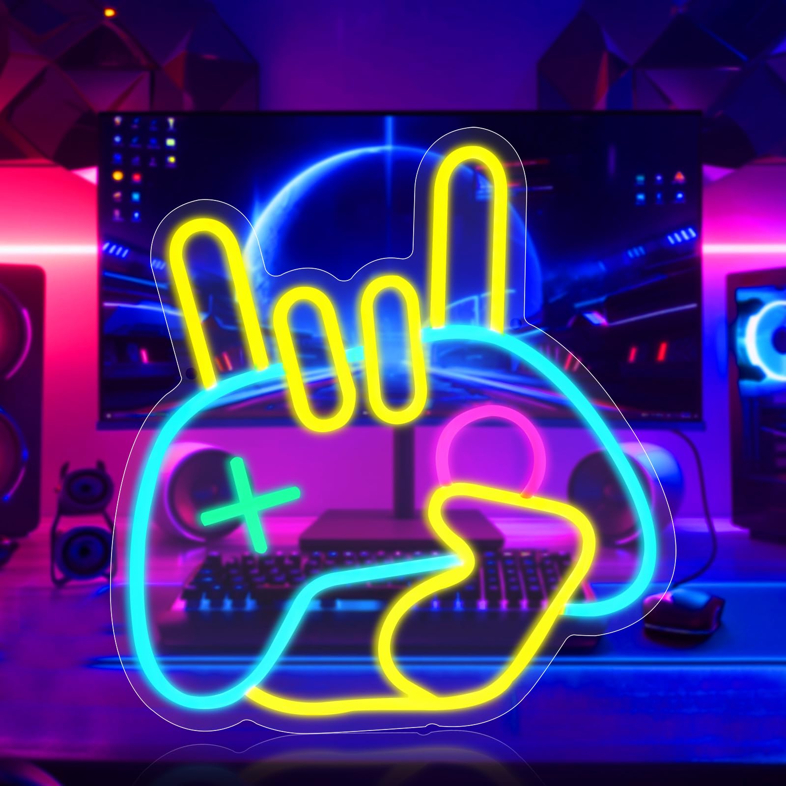 HOTUT Neon Schild in Game Rock hand förmige, LED Gaming NeonLicht, Led Neonschilder für Wand Dekor Brief, Leuchtschilder Zeichen für Spiel Zone, Spielraum, Schlafzimmerm Bar Geschenke für Gamer