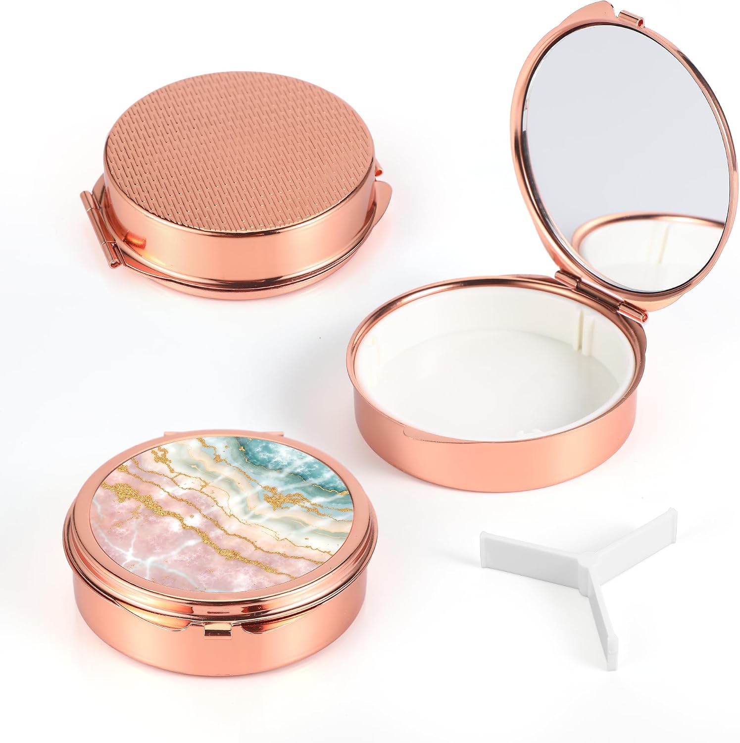 Pill Case Pill Box with Mirror Pocket 3 Compartment Medicine Case Vitamin Pill Organizer for Pocket Purse and Travel (Round, Rose Gold-Marble Veins)