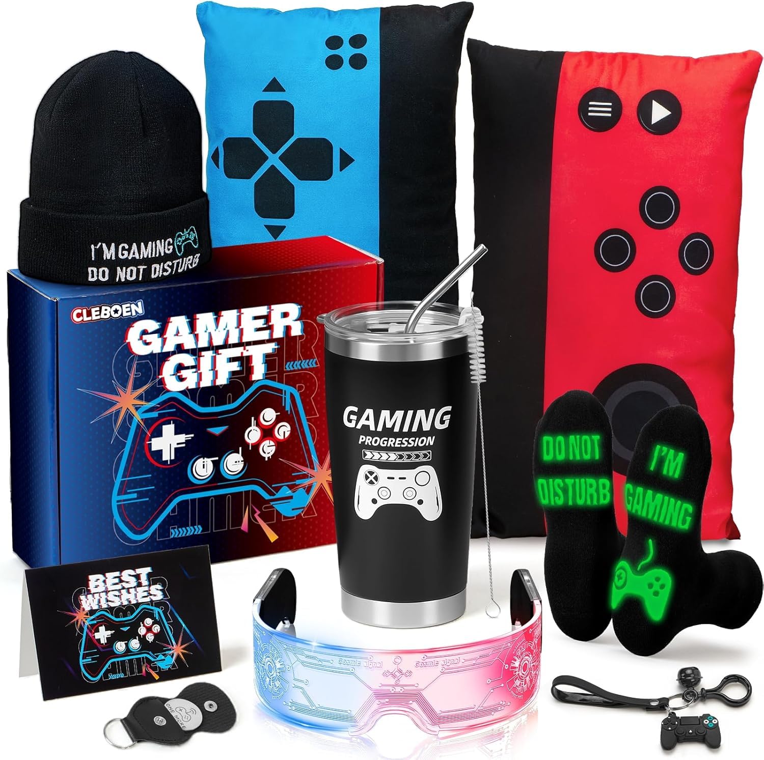 TUZT Coffret Cadeau Gamer – Lunettes LED, Tasse, Taies D’Oreiller, Chaussettes Lumineuses, Chapeau Et Porte-clés – Idée Cadeau Jeux Vidéo
