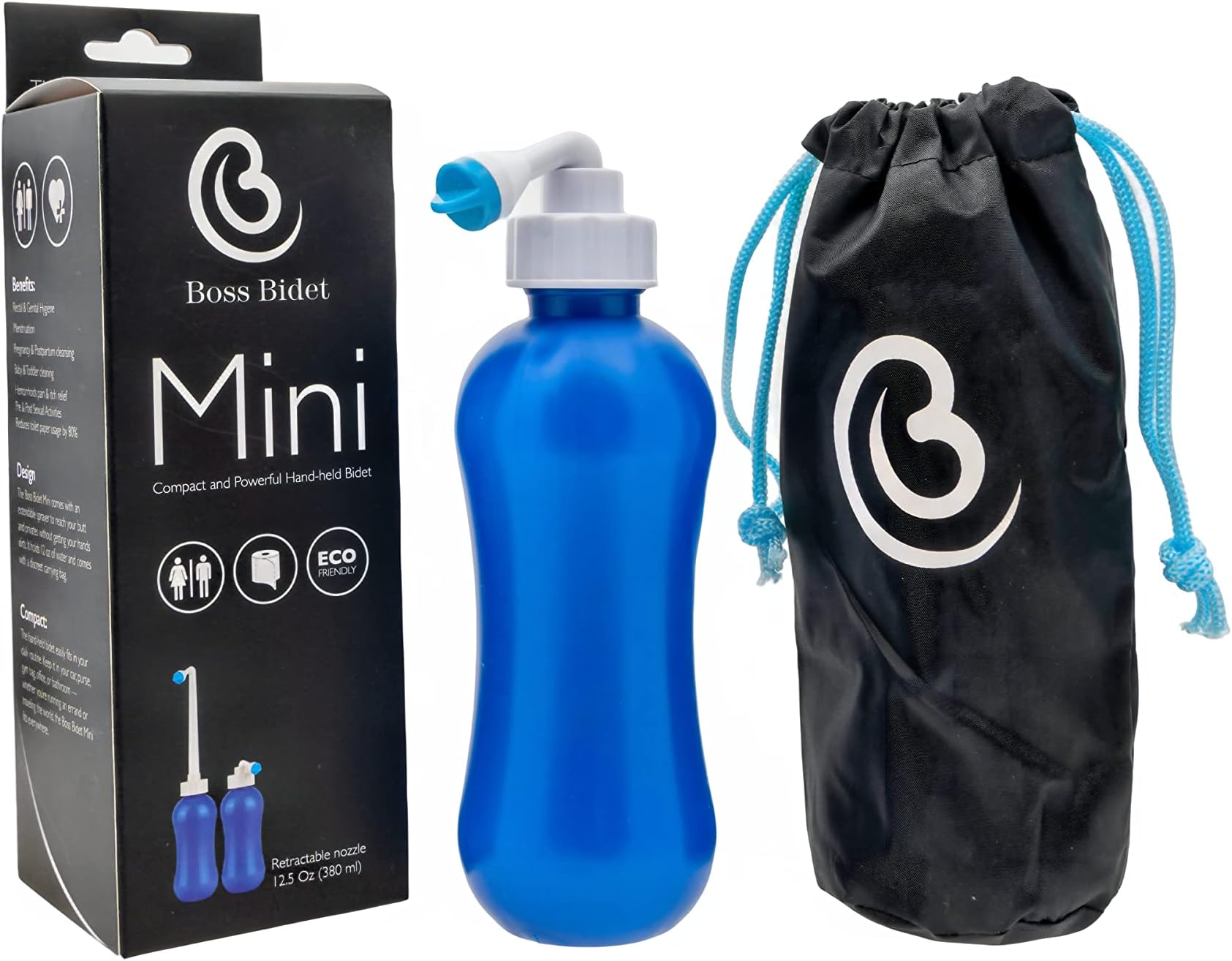 Boss BidetMini - Great Pressure, Easy to use, high Quality. Hot Warm Cold Water. Perfect for Home, Travel, Post partum. Angled Retractable Nozzle, Discrete Bag, Compact 12.5 oz 380 ml Blue