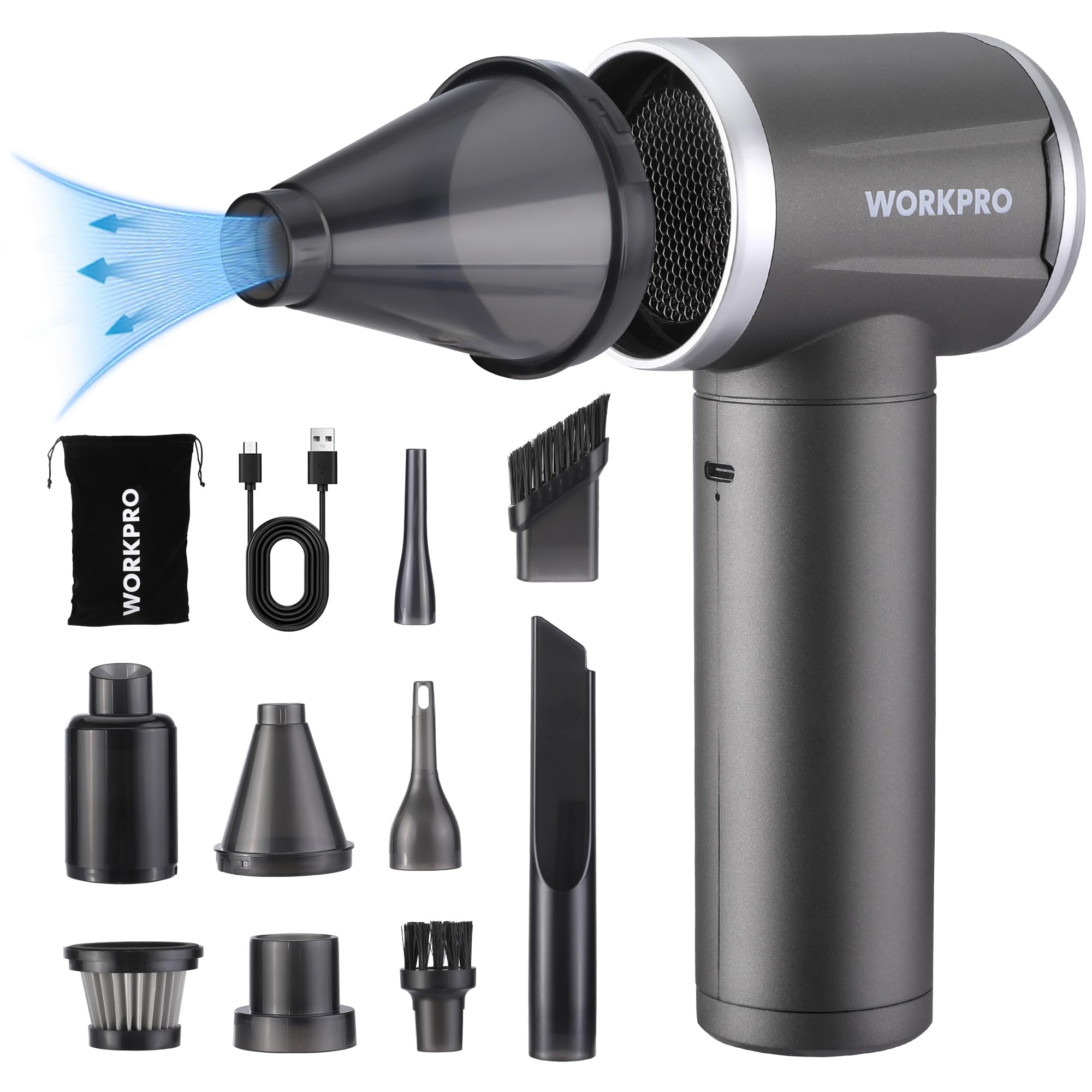 WORKPRO Soffiatore d'Aria Elettrico 2 in 1, 120000 giri/min, 4 Velocità, Air Duster Ricaricabile Type-C, Aspirapolvere Portatile per Auto, Tastiera, Esterni, Materassini Gonfiabili e Pulizia Domestica