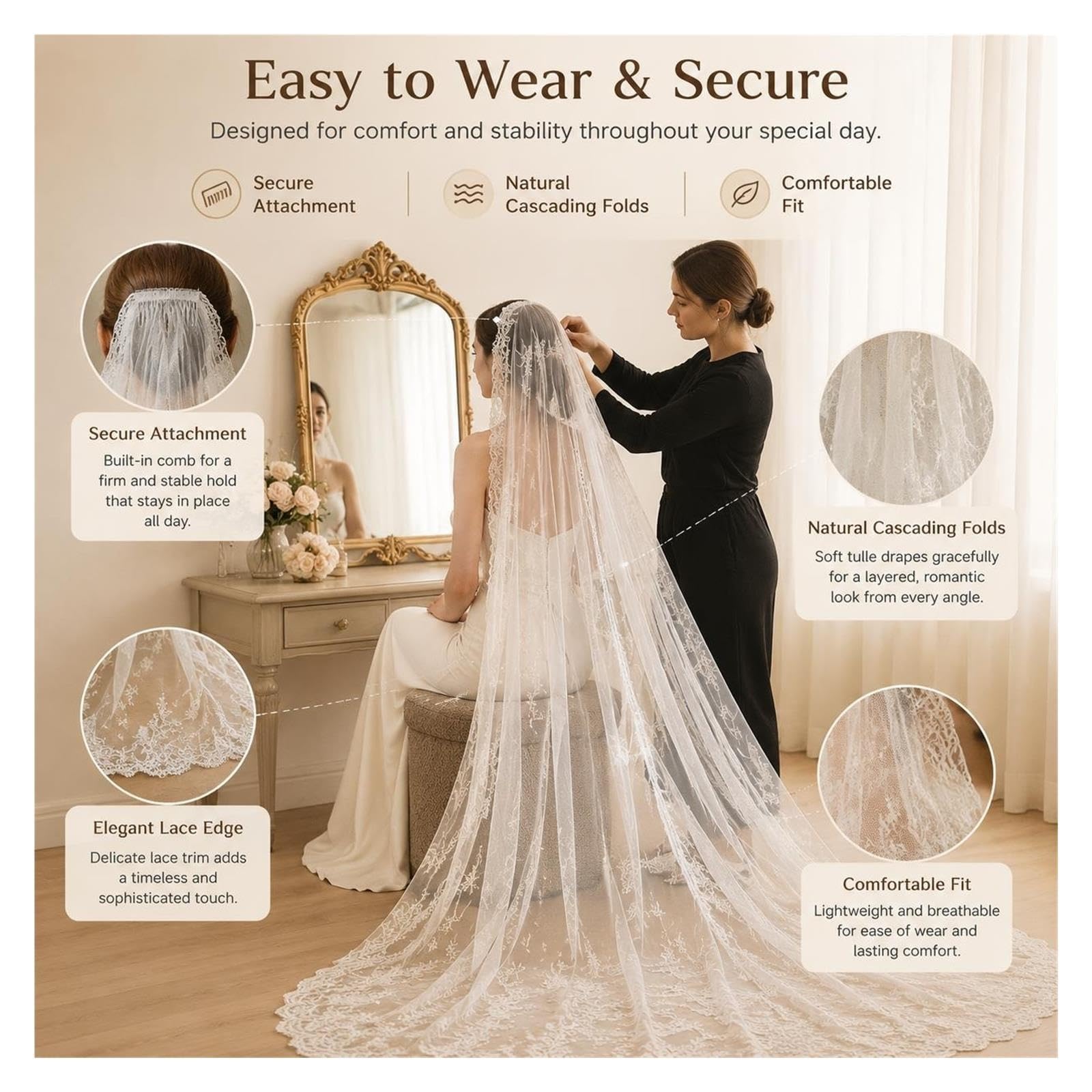 Velo da Sposa Velo da Sposa Lungo in Pizzo Francese – Copricapo(Ivory150CM)