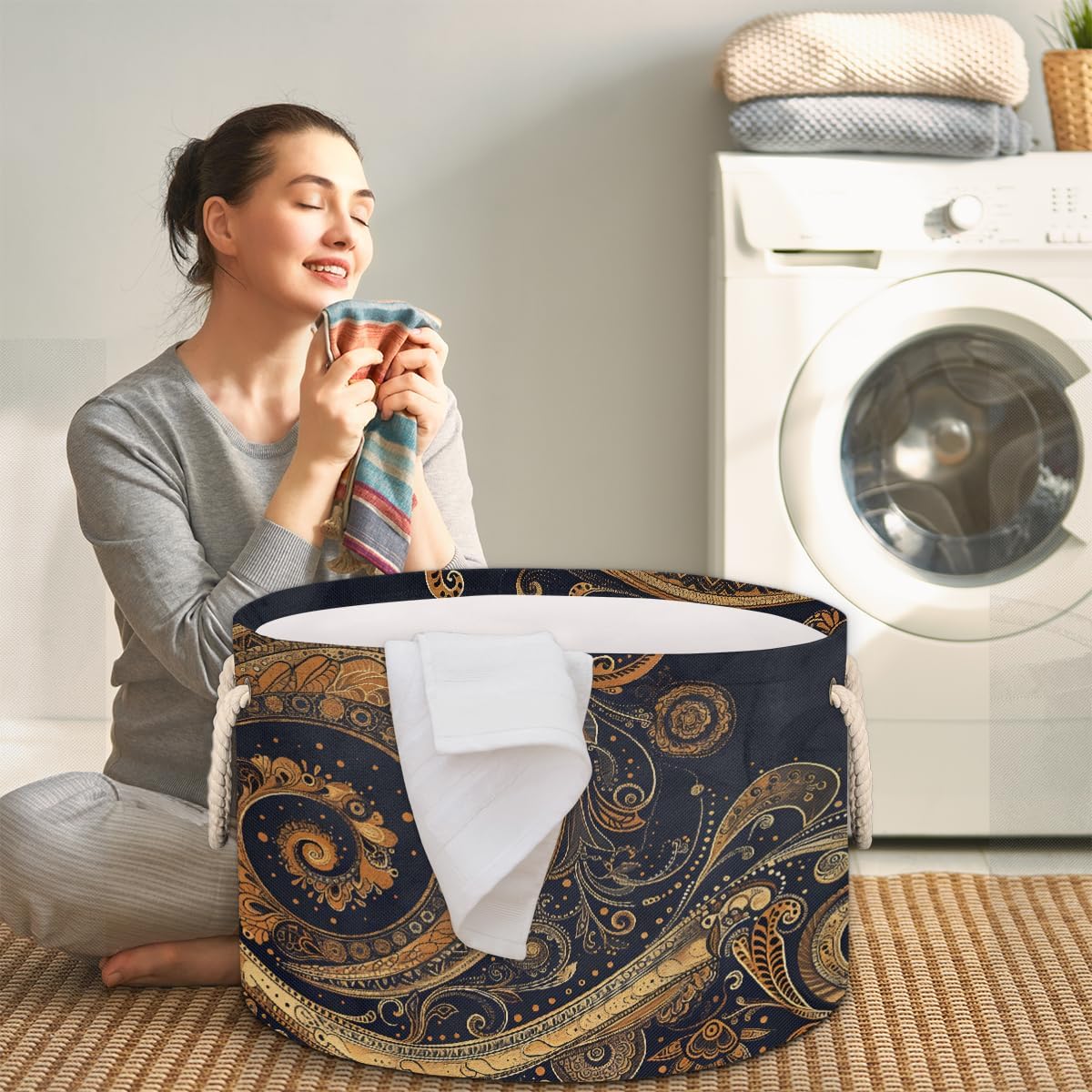 Large Round Laundry Basket Ethnic Paisley Pretty Toy Bins Organizers and Storage for Girls Canvas Collapsible Blanket Storage Basket Laundry Hamper Gift Baskets Bedroom Clothes Children Nursery