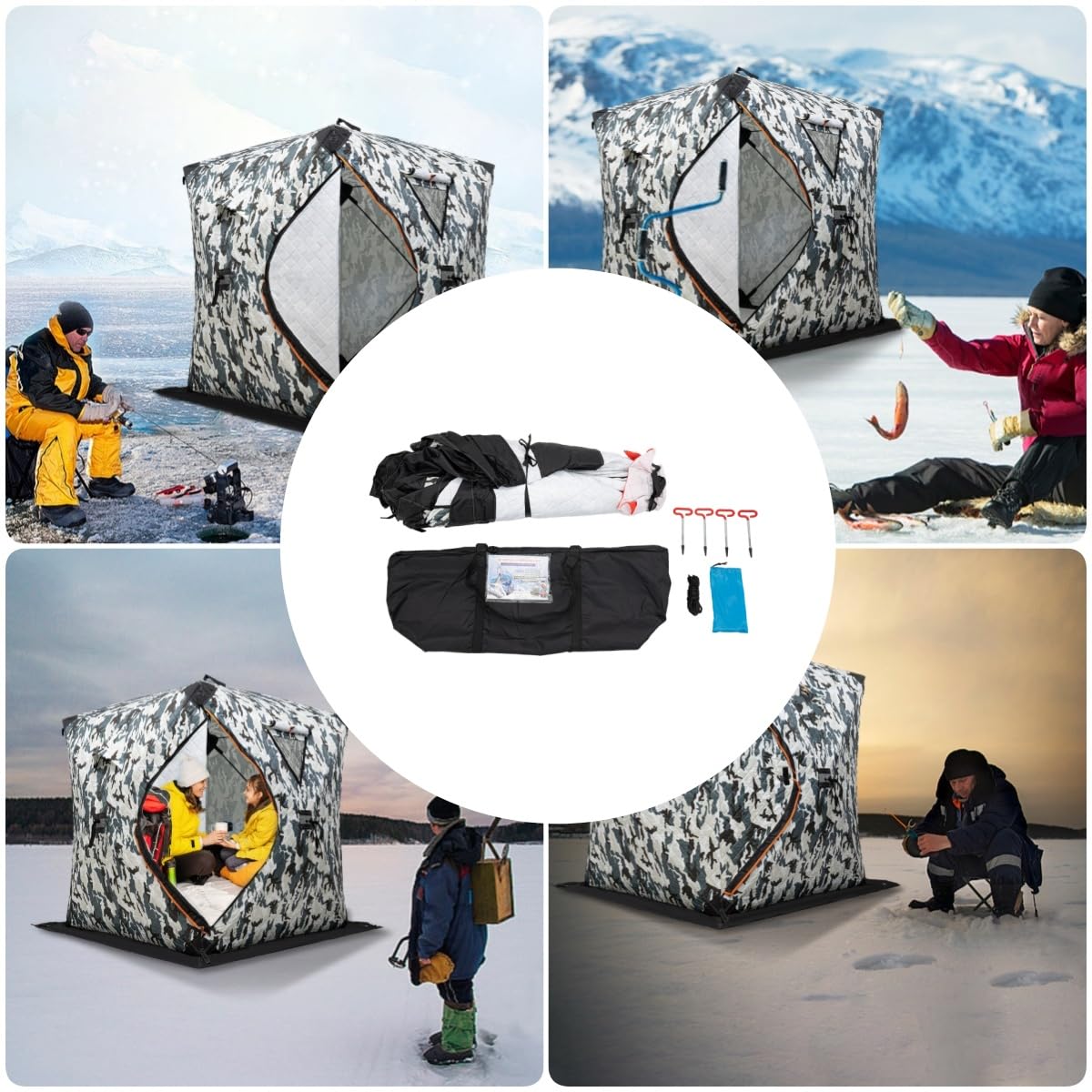 Tente de pêche, tente de pêche sur glace, abri de pêche sur glace, abri thermique portable, tente isolée Oxford avec sac à main pour 1 ou 2 personnes, montage rapide (camouflage)