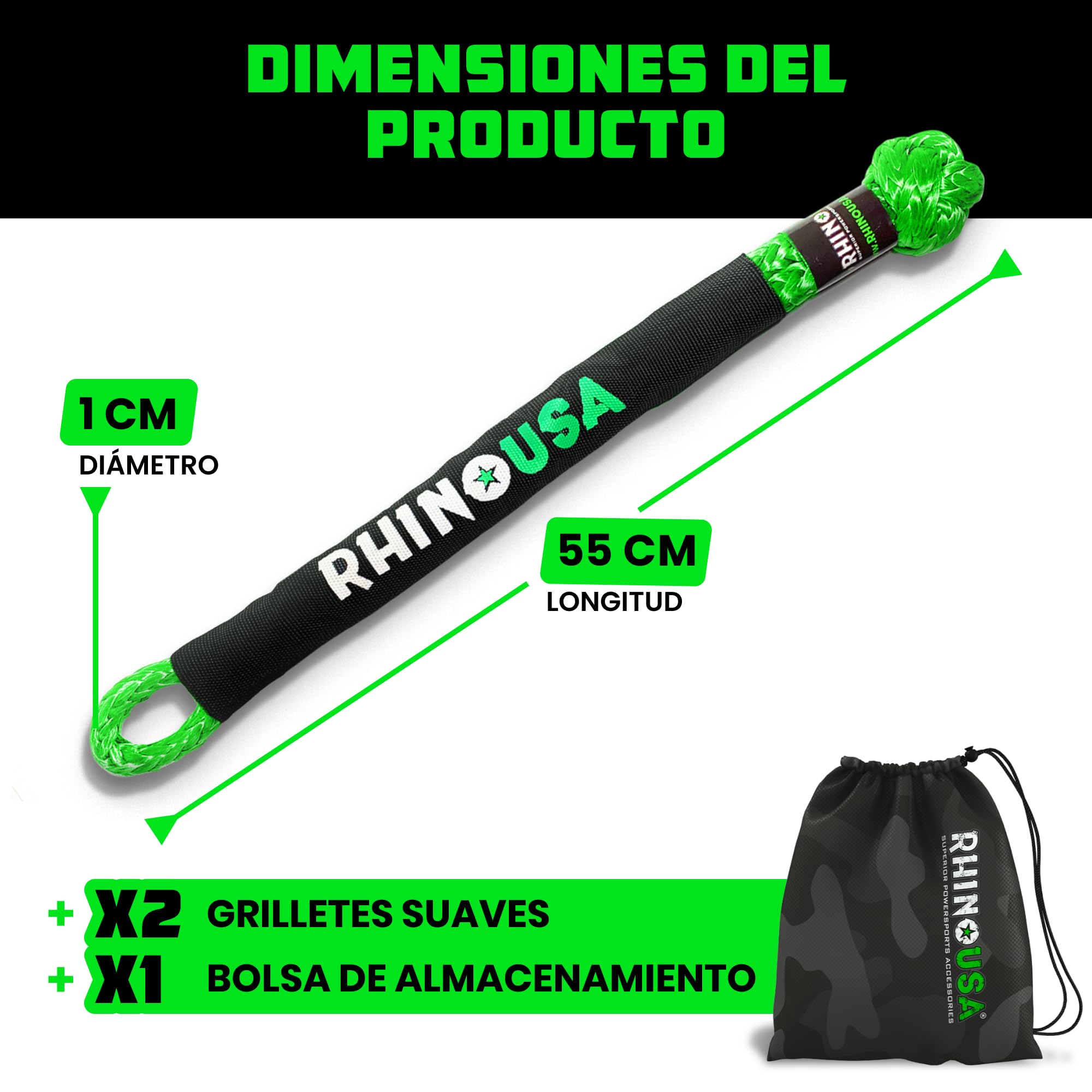 Rhino USA Grillete Sintetico - 2X Grilletes para Eslingas de Remolque 1 cm x 55 cm - 2X Grillete de Remolque Ultra Resistente a la Rotura 14,200 kg - Rescate de Todoterreno Quad Furgoneta 4x4 - Verde