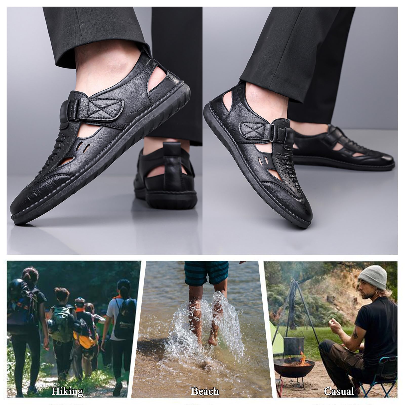 Uomo Sandali Pelle Leggero Traspirante Regolabile Estivi Punta Chiusa Sandali Sportivi Antiscivolo Comodo Scarpe da Passeggiata per Spiaggia Casa