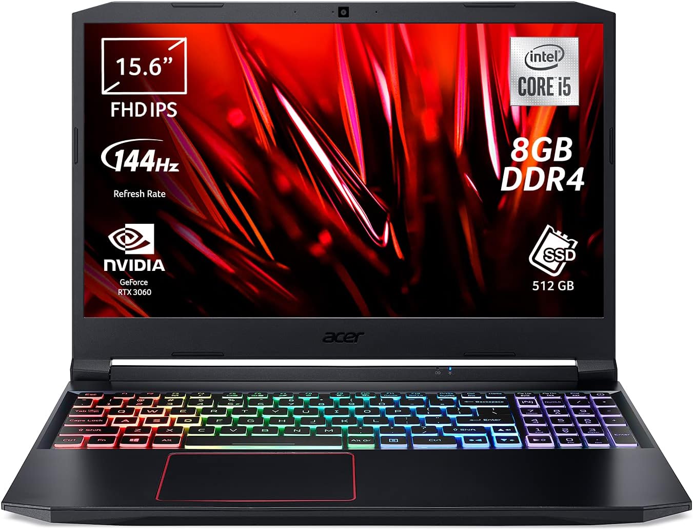 Acer Nitro 5 AN515-55-55DW Notebook Gaming, Processore Intel Core i5-10300H, Ram 8 GB DDR4, 512 GB PCIe NVMe SSD, Display 15.6 FHD IPS 144 Hz LED LCD, NVIDIA GeForce RTX 3060 6 GB, Windows 10 Home