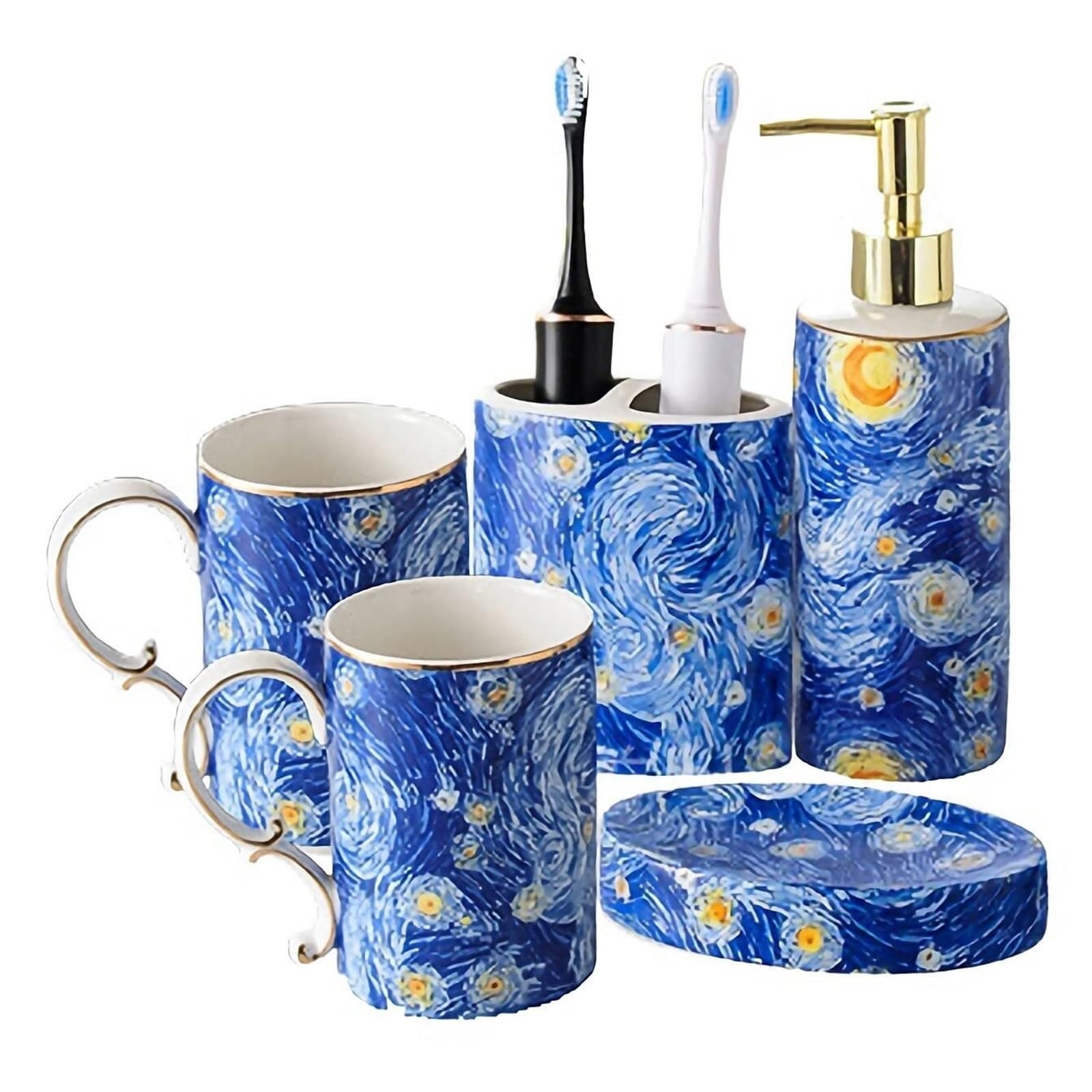 Accesorios de baño de cerámica azul con dispensador de jabón exclusivo pintado a mano