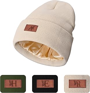 COSHAYSOO Womens Satin Lined Beanie Winter Hats for Women with Initial L...