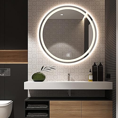 Espejo retroiluminado redondo LED, espejo de tocador para decoración de baño de moda con 3000 K4000 K6000 K ajustable, botón táctil inteligente,