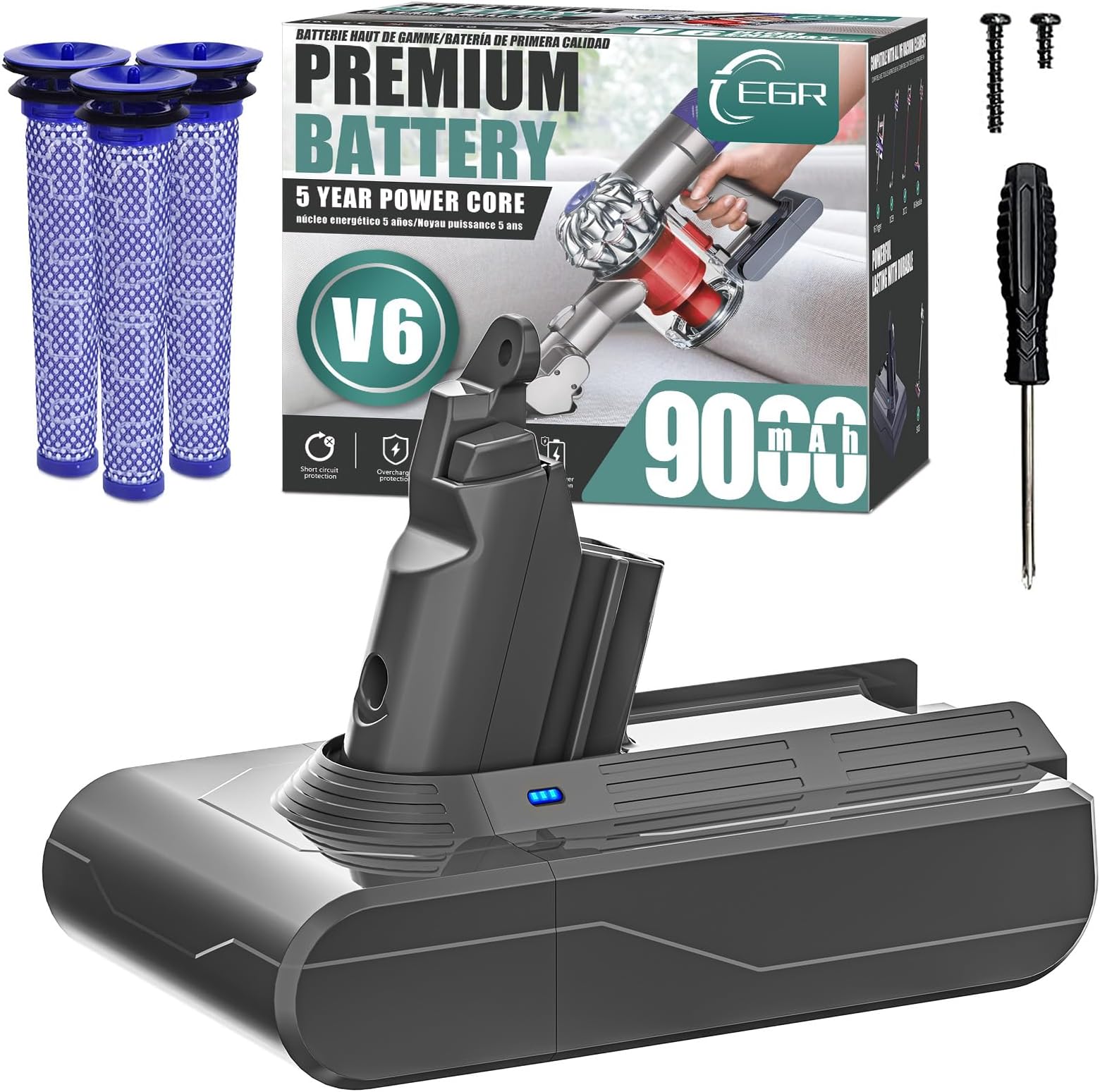 EGR Premium 9000mAh V6 Battery Replacement Compatible with Dyson V6 Animal/Absolute/Motorhead/Fluffy SV03 SV04 SV05 SV06 SV07 SV09 DC58 DC59 DC61 DC62 DC72 DC74 Vacuum Cleaner(Not Fit V7, V8)