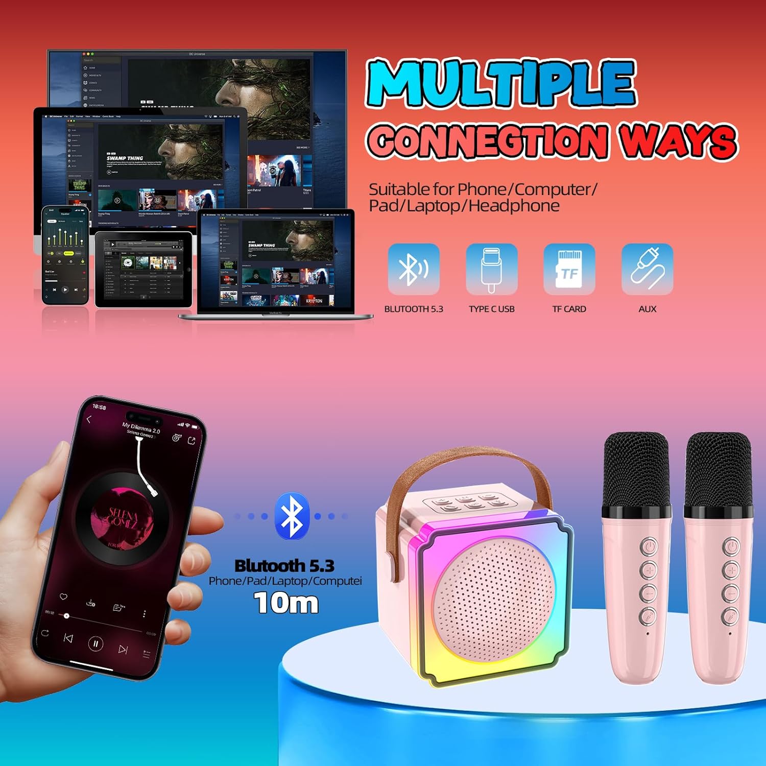 EFAILY Karaoke Machine for Kids, Christmas Birthday Gifts Toys Portable Bluetooth Speaker with 2 Wireless Microphones, Mini Karaoke Machine with LED Light for 4-12+ Years Old (Pink) - Image 2