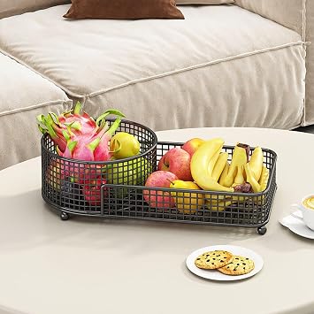 2 Tier Fruit Basket for Kitchen Counter Metal Fruit Bowl Vegetable Storage Basket Corner Stand Bread Snack Veggies Holder OrganizersBlack,40x20x11cm