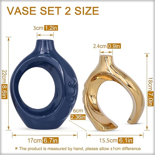 Miniatura 4 de Navy Blue Home Decor Ceramic Vase, Navy Blue Gold Round Vase with Holes Set of 2, Suitable for Wedding Entrance Decoration, Bookshelf, Mantel,