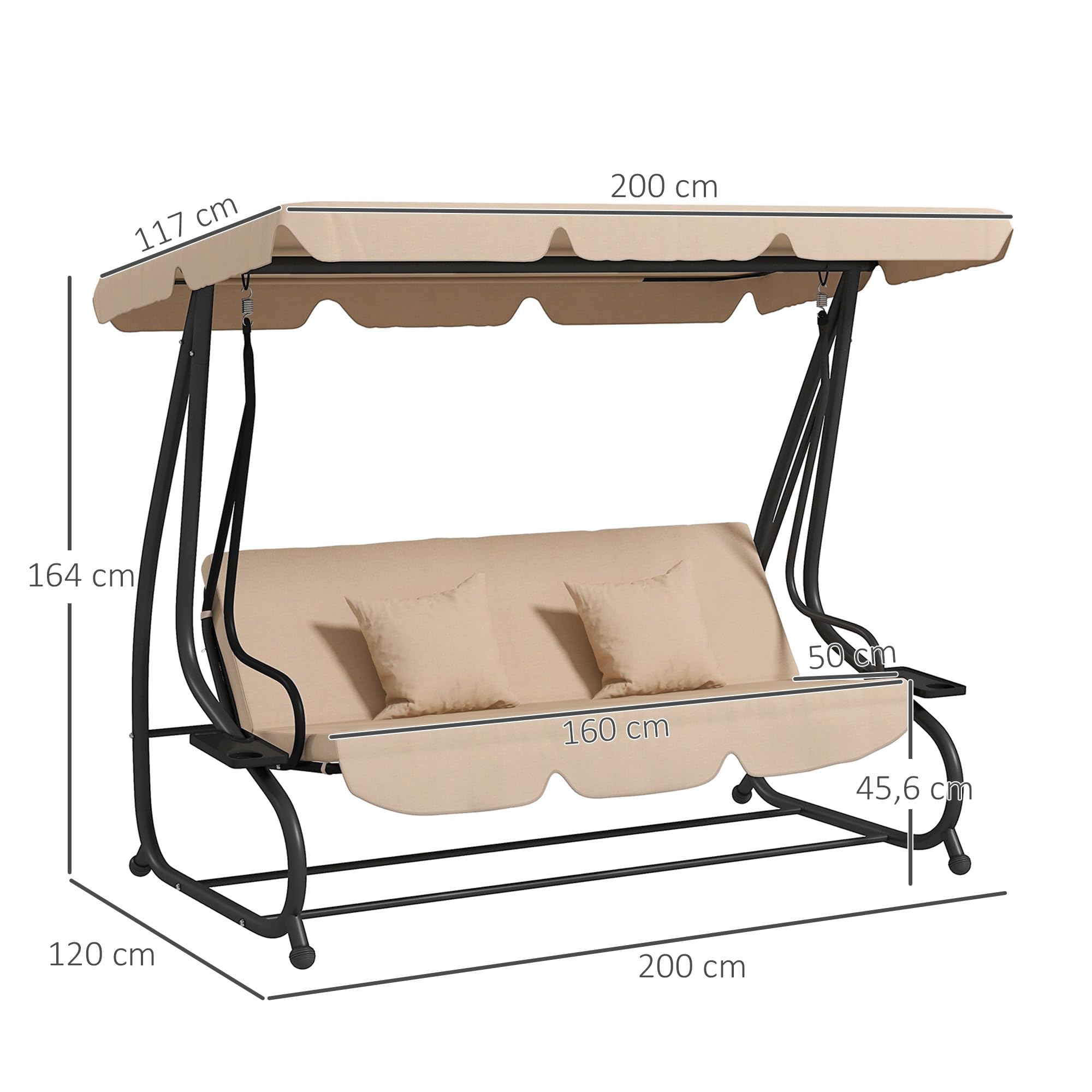 Outsunny Balancín de Jardín Exterior de 3 Plazas Columpio de Jardín Exterior Convertible en Cama 2 en 1 con Toldo Ajustable Soportes Laterales y 2 Almohadas Carga 340 kg 200x120x164 cm Arena