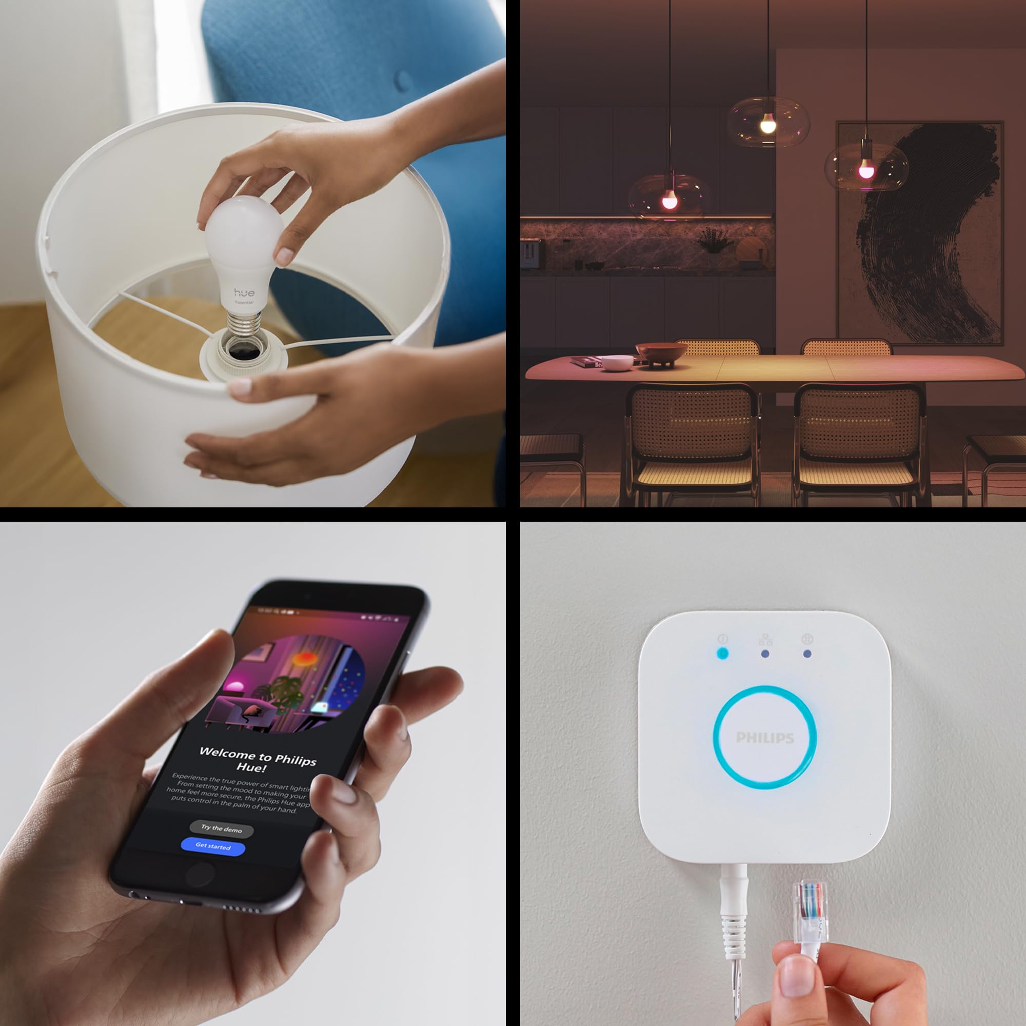 Philips Hue Kit de inicio de iluminación inteligente, paquete de 3 bombillas más puente, ambiente blanco y color, bombillas E27, 806 lúmenes, 60 W, con puente, control de aplicación, funciona con