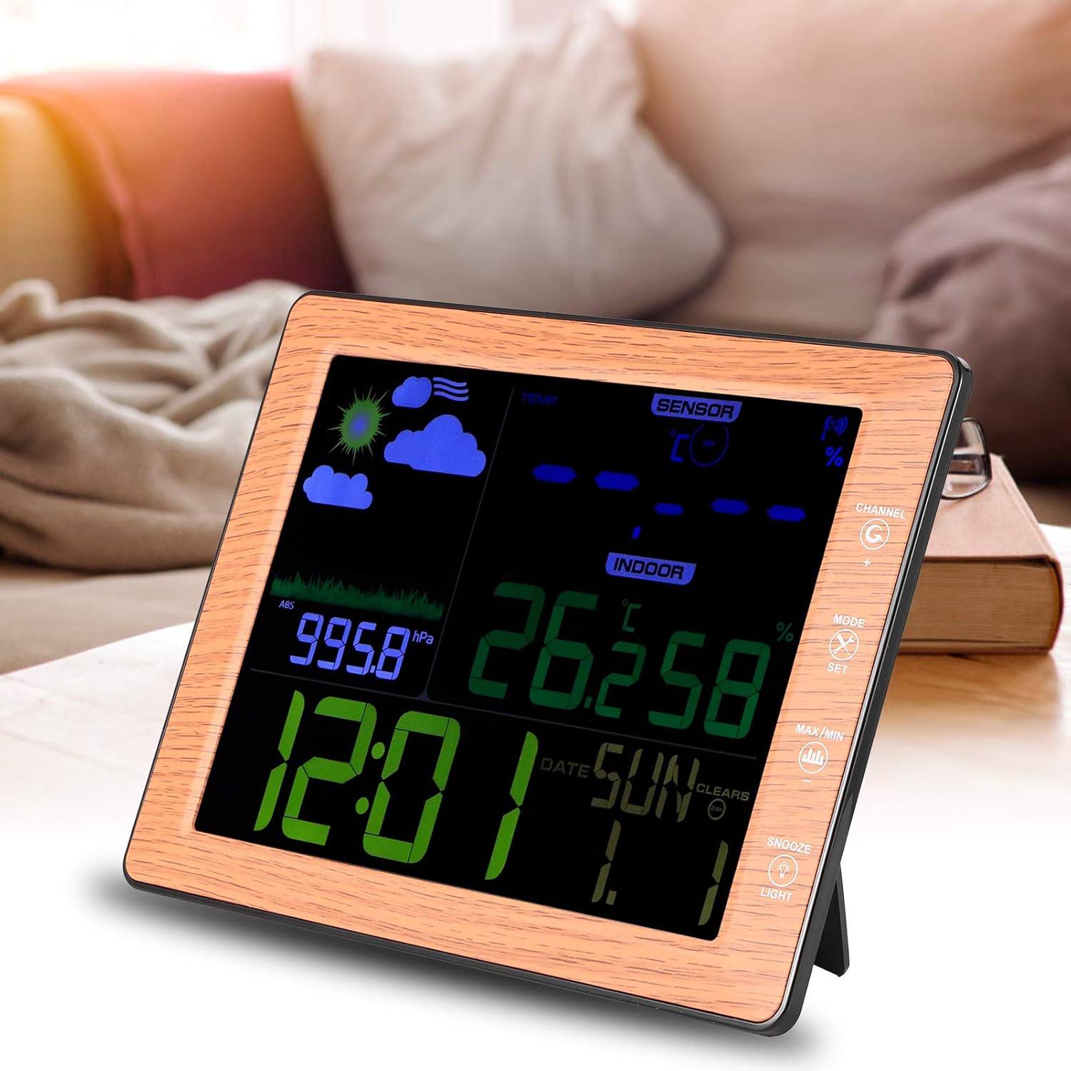 Greensen Large Digital Weather Clock with Bar Display, Temperature and Humidity Monitoring, 12/24 Hour Display, Moon Phase Display, Alarm Function