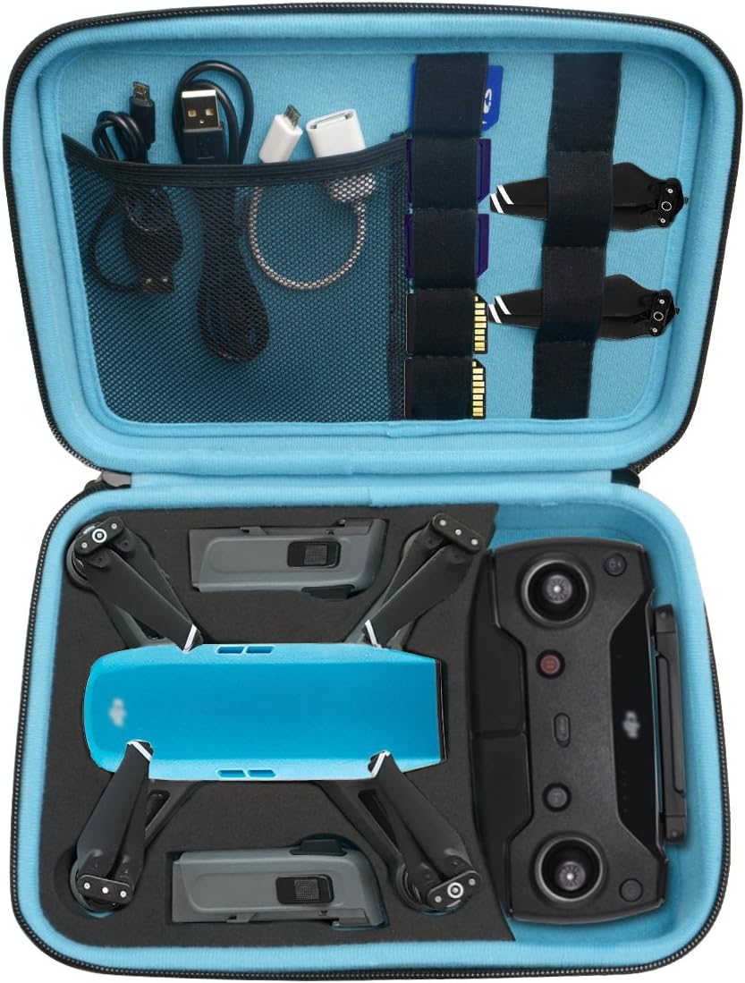 Case for DJI Spark Portable Mini Quadcopter Drone, Slots for Charger adpter, 2 Batteries and propellers, Pockets for USB, Cable, Micro SD Cards and Charger (Black + Blue 1/2" Deeper)