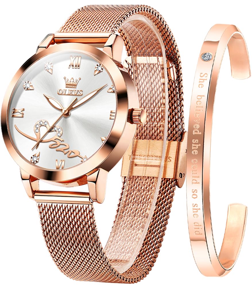 OLEVS Damenuhr Roségold mit Herz Diamant Quarz Armbanduhr Wasserdicht Gürtel Armreif Set
