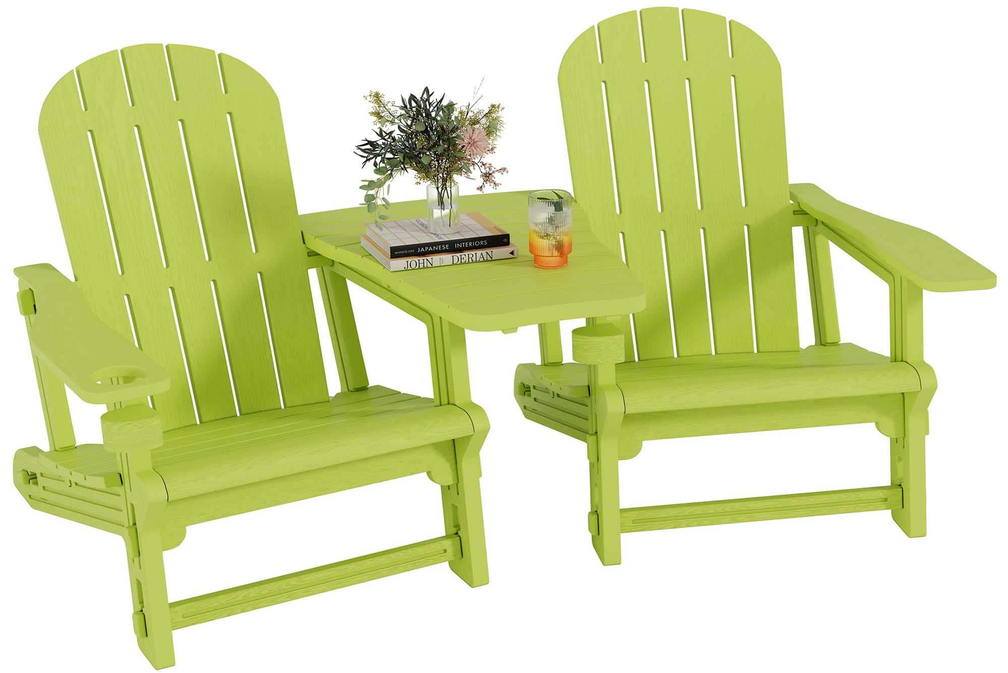 Shintenchi Adirondack Chairs Set of 2,HDPE Adirondack Chairs w/Removable Tablelop & Umbrella Hole,All-Weather Wooden Textured Plastic Outdoor Chairs w/Cup Holders for Garden Backyard Pool,Green