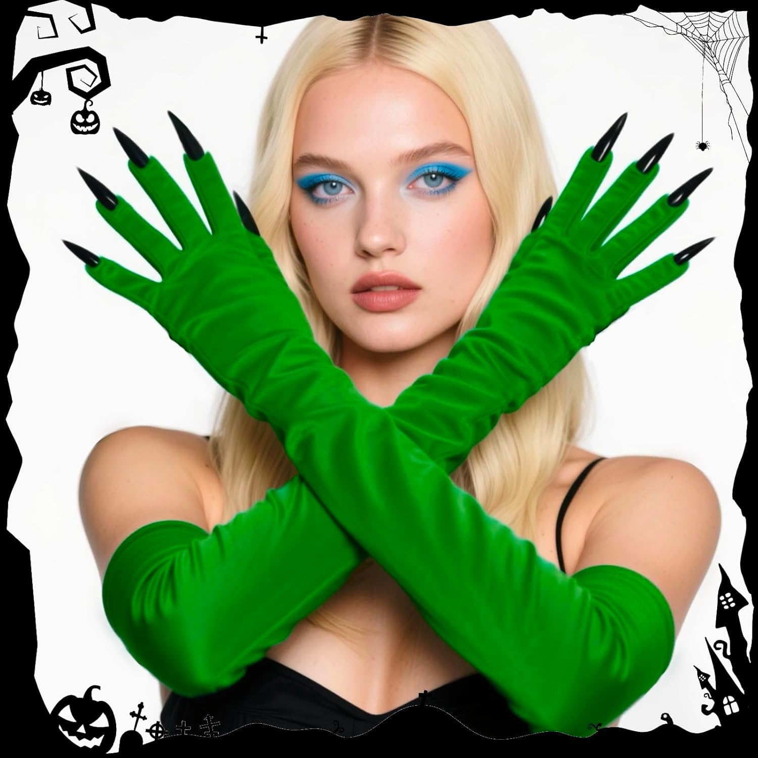 Witch Costume Accessory Set – Black Pointed Hat, Round Glasses, Green Claw Gloves & Velvet Cape for Halloween, Cosplay & Dress-Up - Image 7