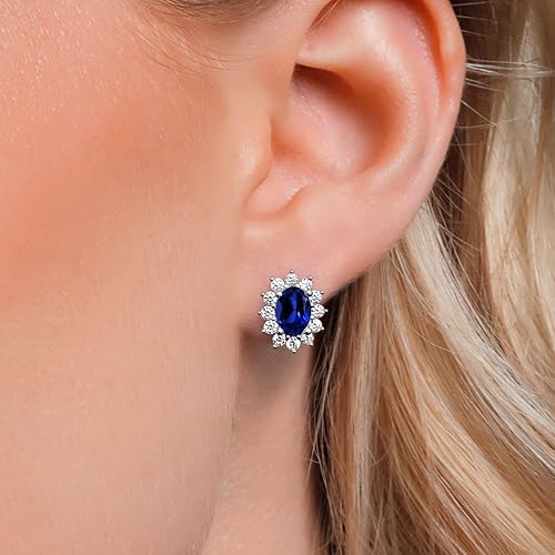 Miniatura 3 de Gem Stone King Aretes de plata de ley 925 con diseño de zafiro azul y halo de princesa Diana Kate Middleton para mujer 300 unidades ovalados 0276 x