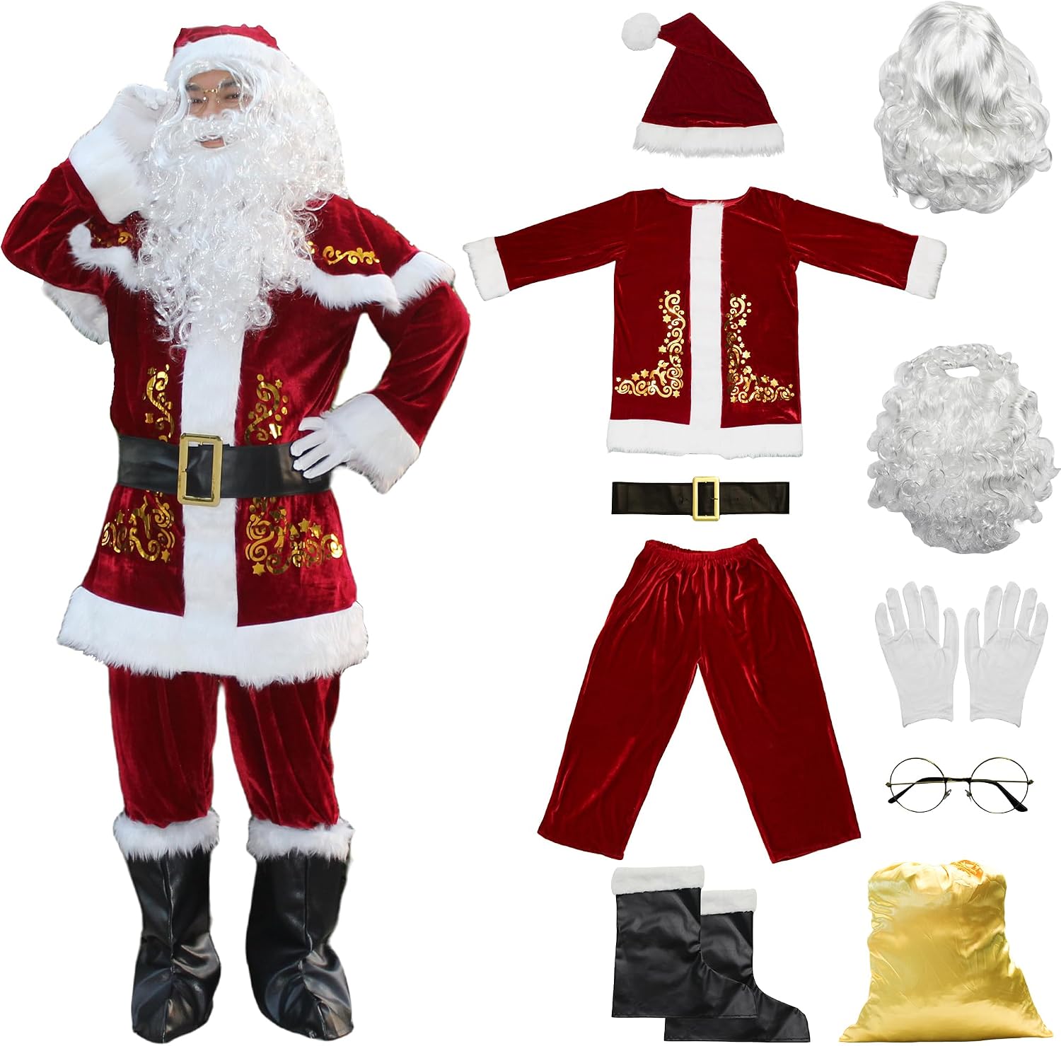 Costume Complet Père Noël Adulte - Velours Rouge Luxe + Accessoires Barbe, Perruque, Sac Cadeaux