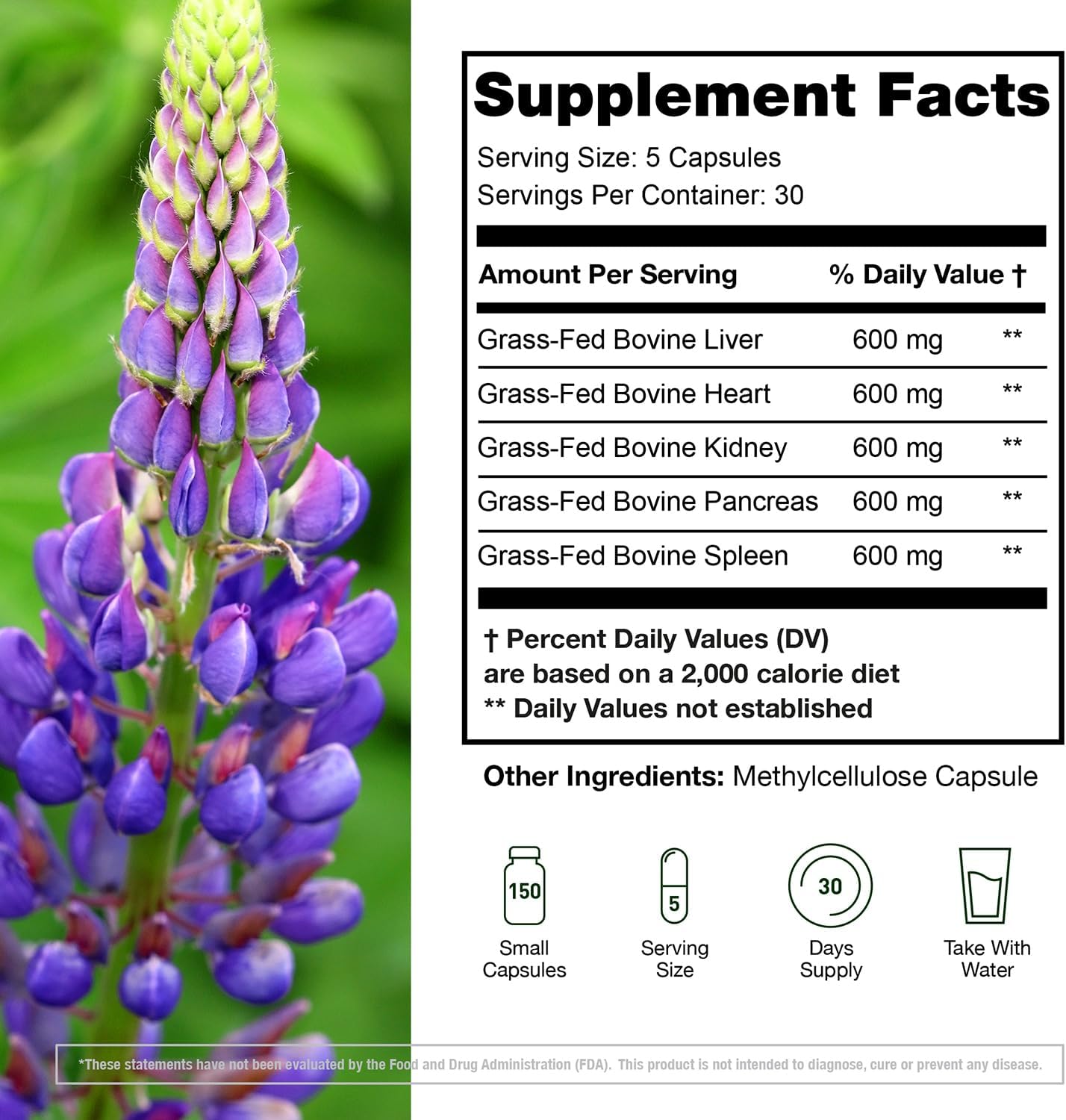 Grass Fed Beef Organ Supplement - Supports Whole Body Wellness 3000mg - with Desiccated Beef Liver, Heart, Kidney, Pancreas, Spleen - Organ Complex for Energy, Immune & Digestive Health (150 Capsules) - Image 2