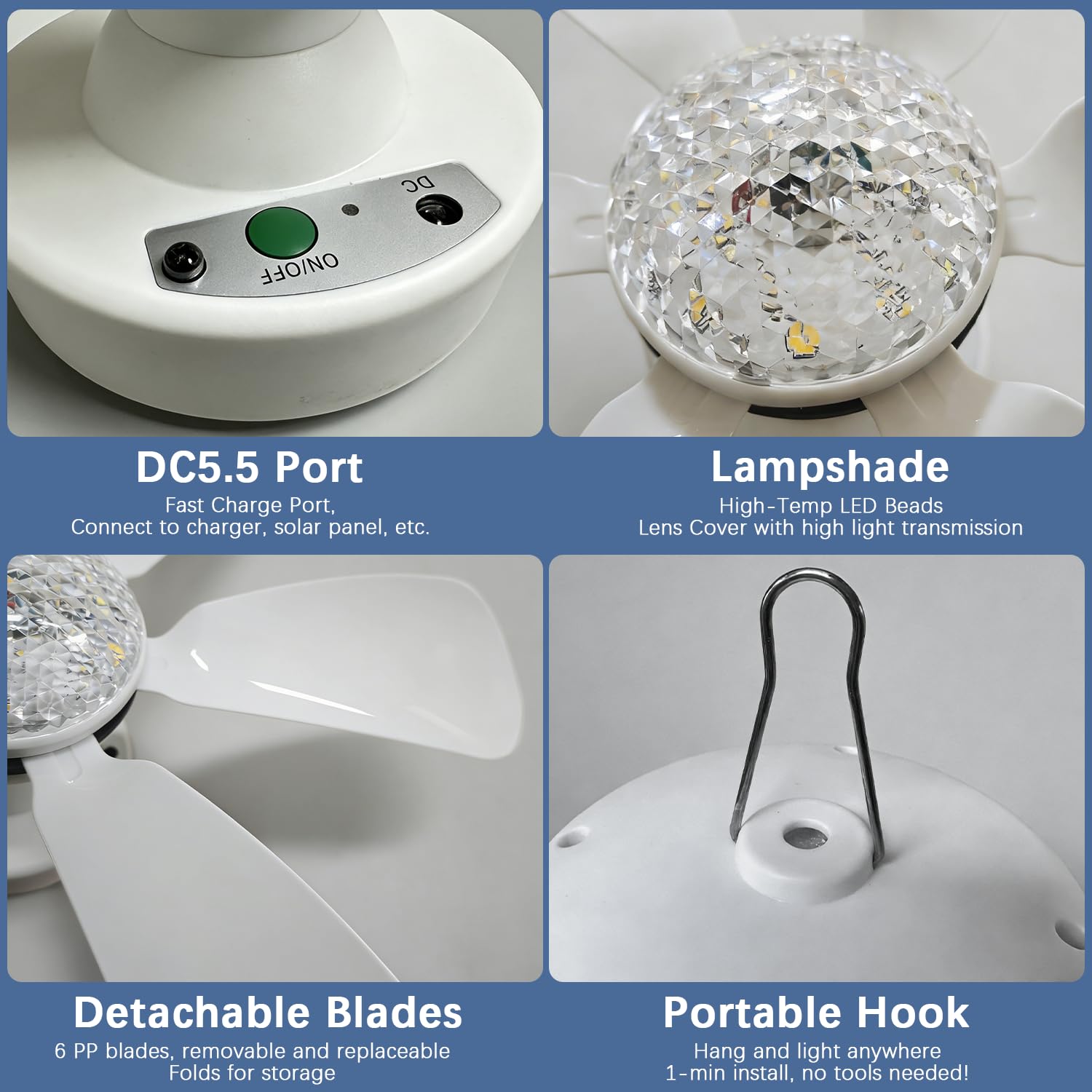 KZT Ventilatore solare da soffitto con illuminazione e telecomando, LED dimmerabile, lampada da soffitto a tre velocità, luce regolabile per esterni, giardino, gazebo, campeggio