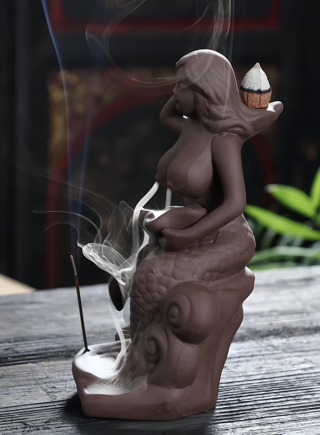 Mermaid Backflow Incense Burner and Incense Cones, Handmade Ceramic Waterfall Incense Holders Home Decor Gift Artwork Statue Ornaments
