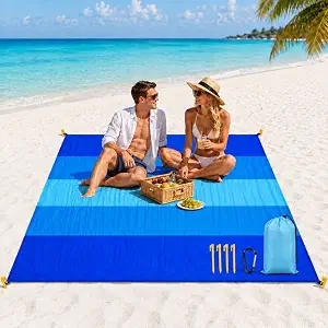 83" x 79" Portable Beach Sandproof Blanket with Carry Bag and 4 Stakes, Waterproof Camping Mat, Lightweight Oversized Picnic Rug for Outdoor, Travel, Hiking