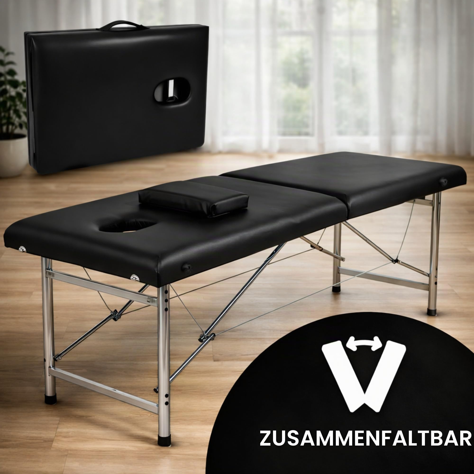 Massageliege klappbar Maya – Profi Kosmetikliege & Massagebank, 2-Zonen Leichtbau Aluminium, Ergonomisch & Tragbar, Kunstleder-Bezug, Schwarz